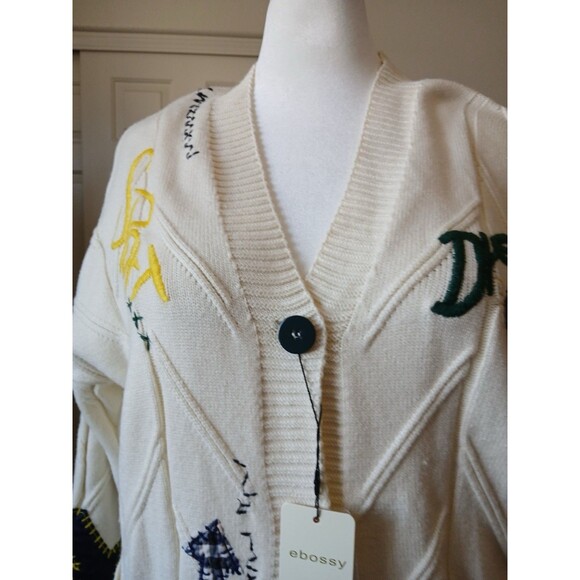 Cardigan Ivory Apric Chunky Knit Large   Embroidered Oversized Sweater Colorful - Picture 10 of 16